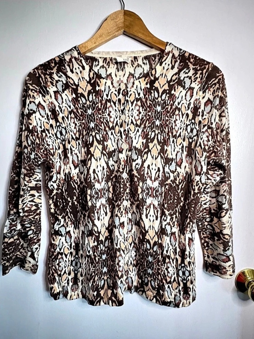 Garnet Hill Signature Eco Merino Cardigan Merino Wool Abstract Animal Print Boho